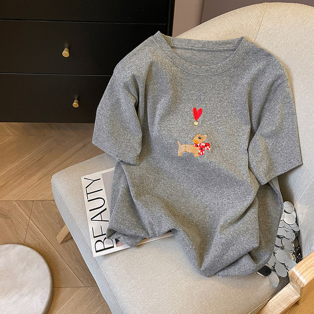 Little C home white unique puppy embroidered fur cotton short-sleeved T-shirt for women 2025 spring fashionable age-reducing underwear top
