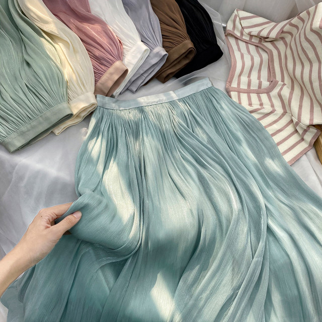 High-end glossy streamer beaded chiffon pleated skirt for women's summer retro style mid-length A-line skirt