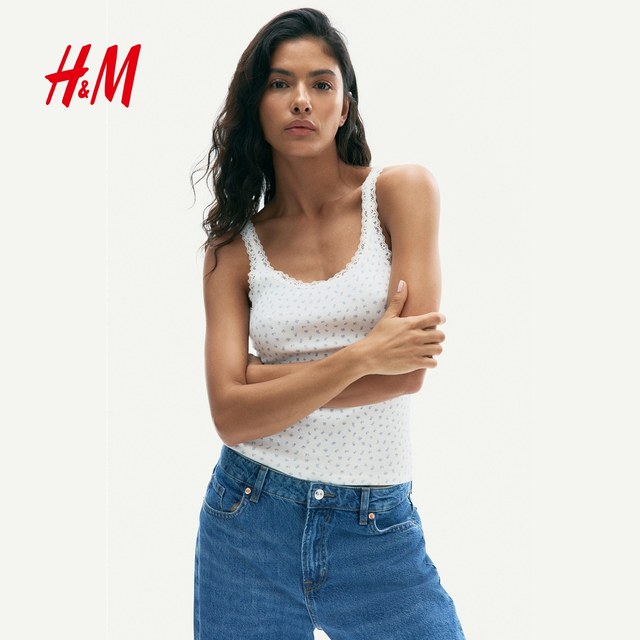 
HM women's suspender 2025 summer new American low round neck slim lace sleeveless vest 1274285