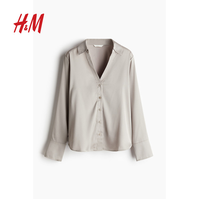 HM Women's Shirt 2025 Summer Casual Commuter V-neck Glossy Acetate Long Sleeve Top Jacket 0939703