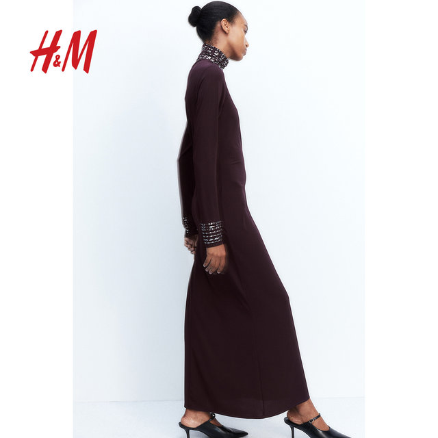 
HM women's red dress summer temperament high-end New Year's greetings clothes nailed turtleneck dress 1258148