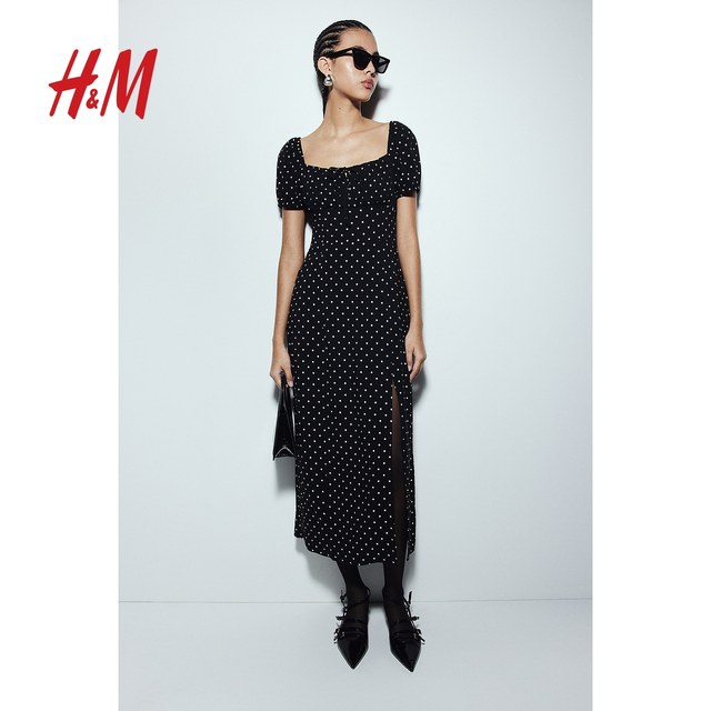 HM women's dress summer French temperament slim seaside vacation style puff sleeve midi skirt 1213111