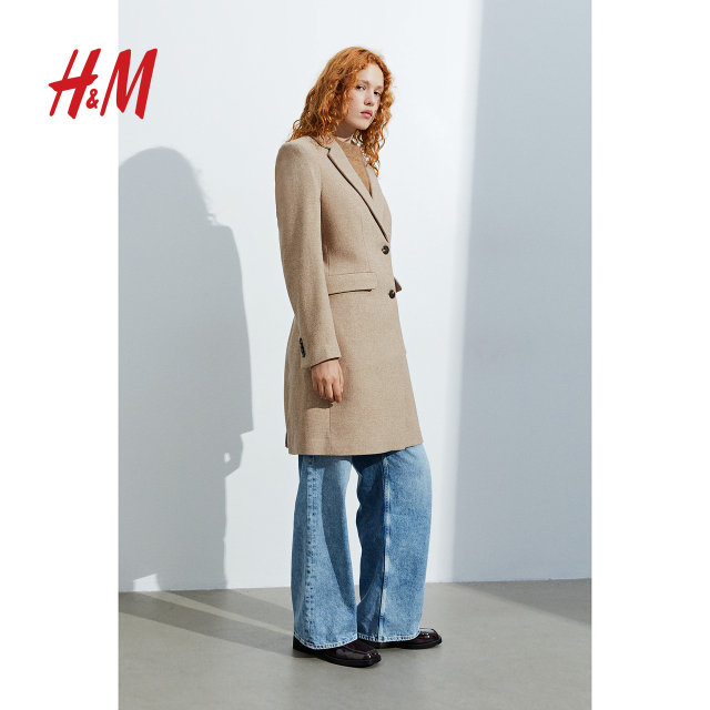 HM women's woolen coat autumn and winter comfortable Maillard style knee-length single-breasted coat 1185068