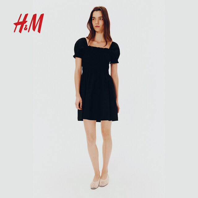 
HM women's floral dress French square collar puff sleeve condensed poplin design floral dress 1274547