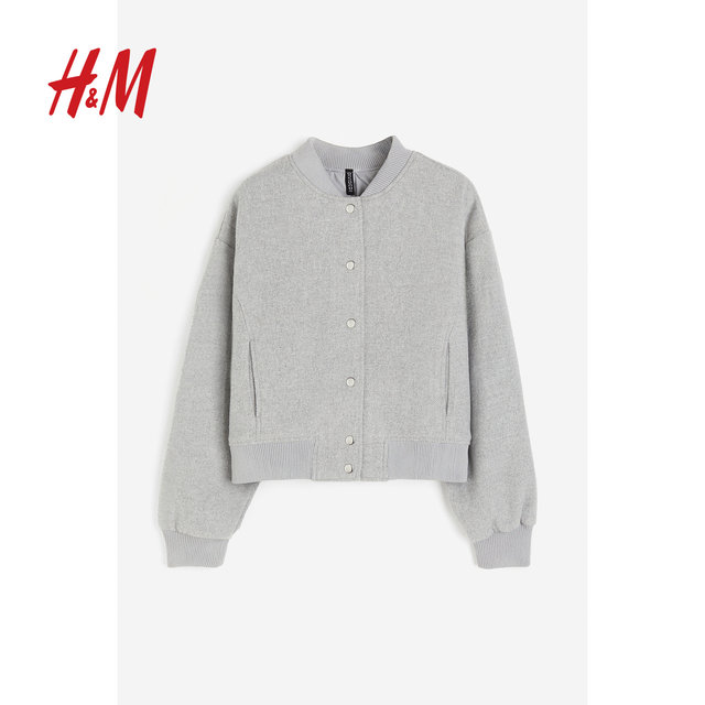 HM women's short jacket summer loose rib felt grey bomber jacket 1209974
