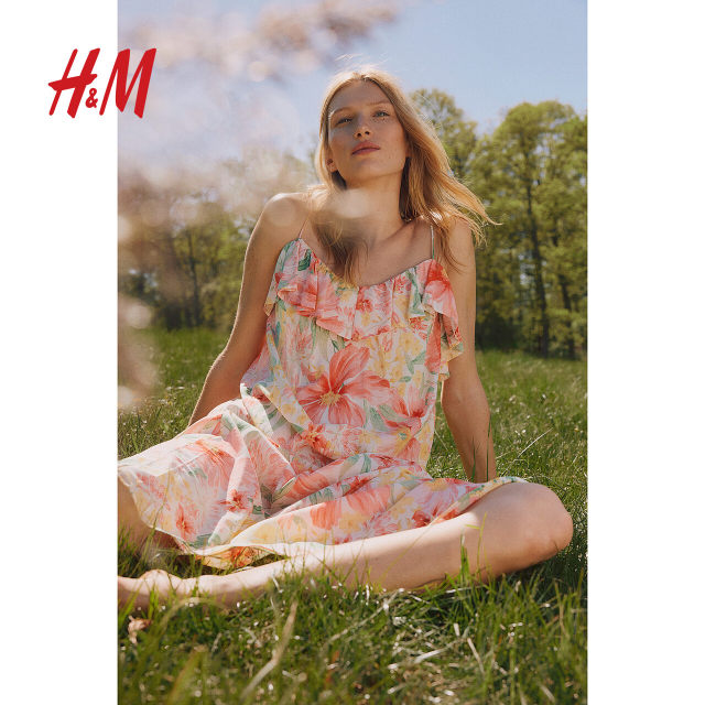 
HM women's dress summer V-neck loose printed suspender vacation style ruffled midi skirt dress 1234153