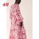 
HM women's dress summer V-neck waist lace-up crepe woven lantern French plant printed long skirt 1226566