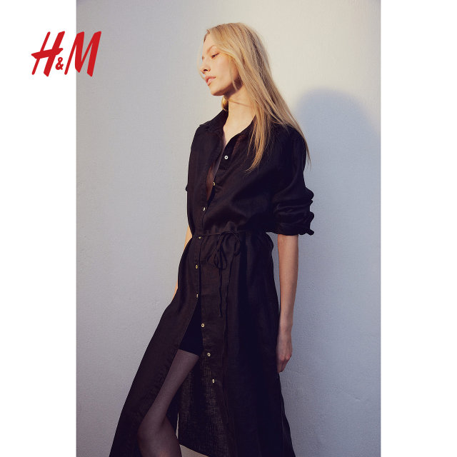 HM women's dress summer linen commuter long sleeve shirt style mid-length work skirt 1216689
