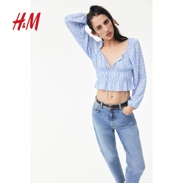HM Women's Shirt 2025 Summer New Fashion Wrinkle Square Collar Printed Long Sleeve Shirt Top 1274081