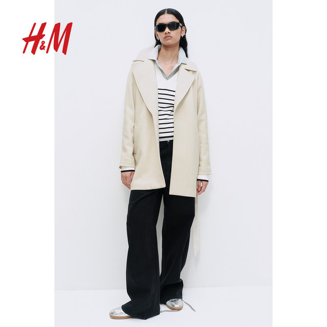 HM women's hair woolen coat in winter fashion and casual waist lace -up felt coat 1228995