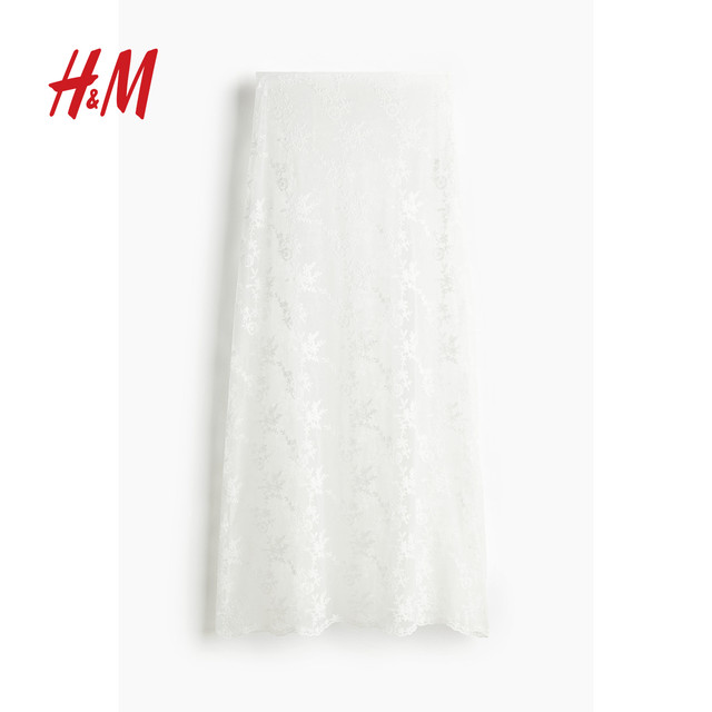 HM women's skirt 2025 summer new French temperament high-waisted A-line slim lace midi skirt 1266580
