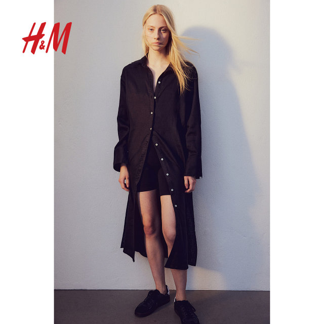 HM women's dress summer linen commuter long sleeve shirt style mid-length work skirt 1216689
