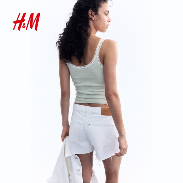 
HM women's suspender 2025 summer new American low round neck slim lace sleeveless vest 1274285