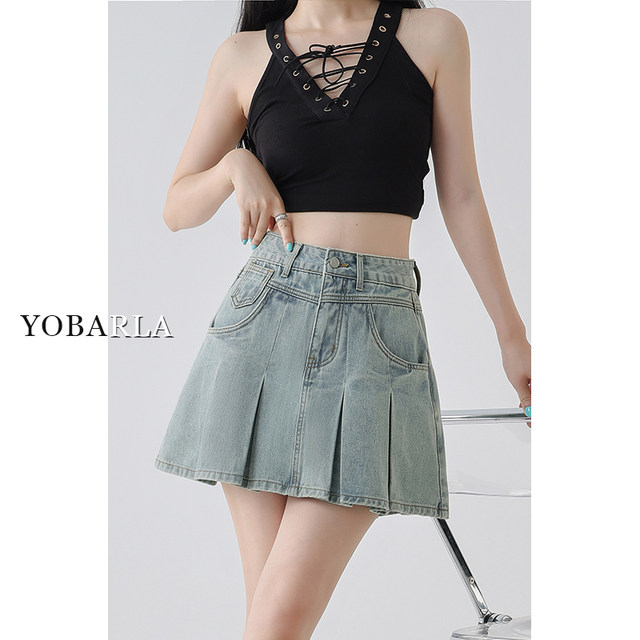 Light color high waist pleated denim skirt for women in summer new fat mm large size slim pear-shaped body A-line skirt