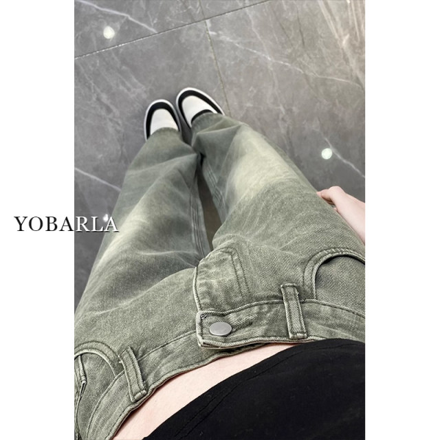 Retro green straight jeans for women in summer new large size fat mm loose slim pear-shaped body wide-leg pants