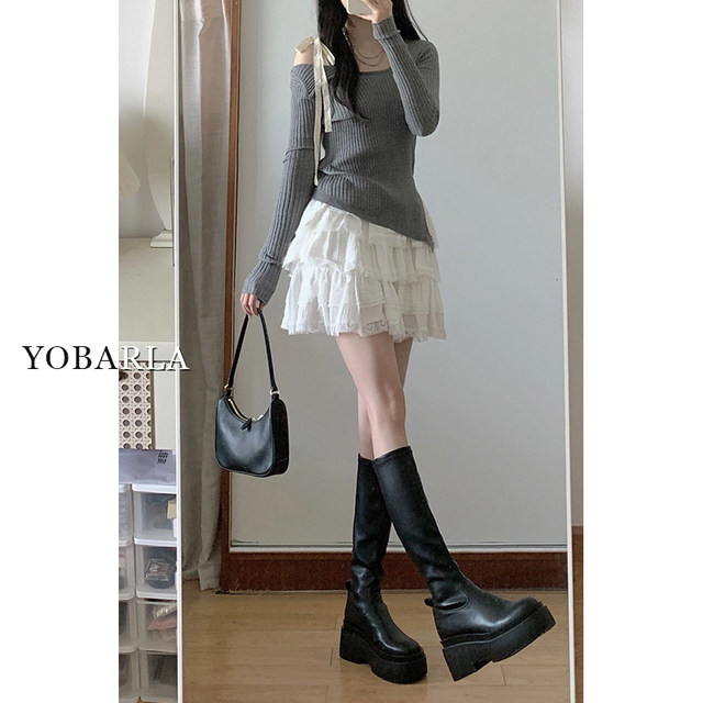 White lace puff cake short skirt Female summer new large size fat mm high waist high waist thin small A -line skirt