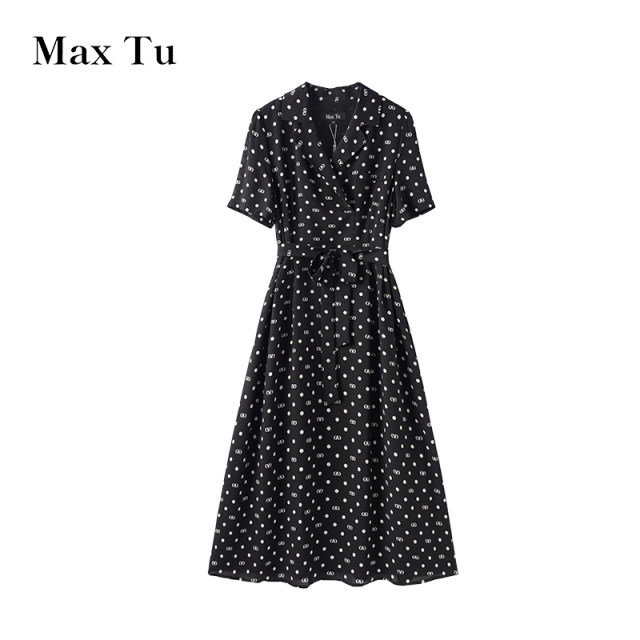 Max Tu women's clothing 2025 summer new loose large size waist-hugging slim print V-neck chiffon short-sleeved dress