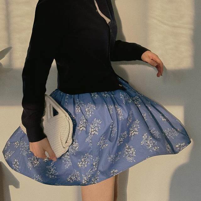 TOP Home Botanical French Retro Romantic Pure Cotton Digital Flower Print Pleated Half-length Puffy Skirt for Women