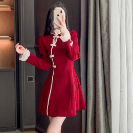 New Chinese Style Improved Wine Red Cheong Cheongsam Knitted Dresses In Mid-Winter Overcoat Set Toast New Year War Robe