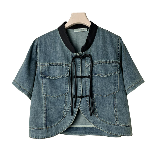 Niche new Chinese style retro tandem stand collar short sleeve denim shirt loose small shirt women