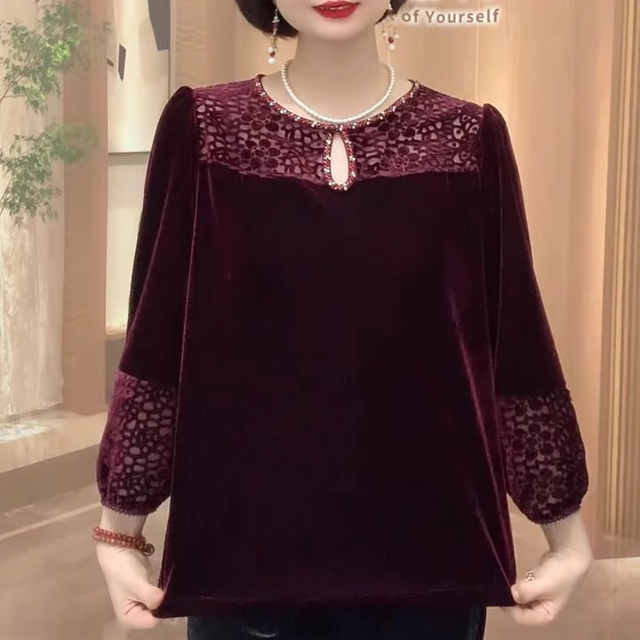 
Hollow hot diamond drip collar gold velvet top women's autumn loose flesh-covering shirt fashionable age-reducing middle-aged and elderly women's clothing