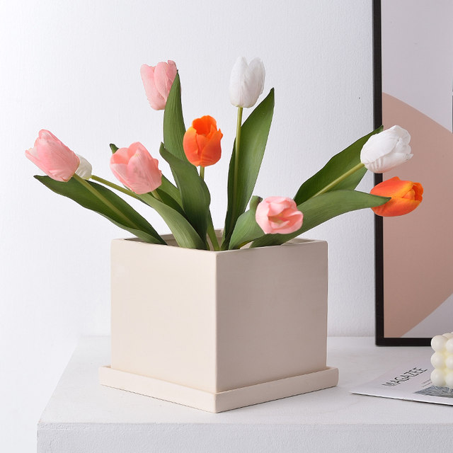 Square Nordic simple potted pottery pot ceramic plain-fired perforated flower pot succulent plant breathable clearance with tray