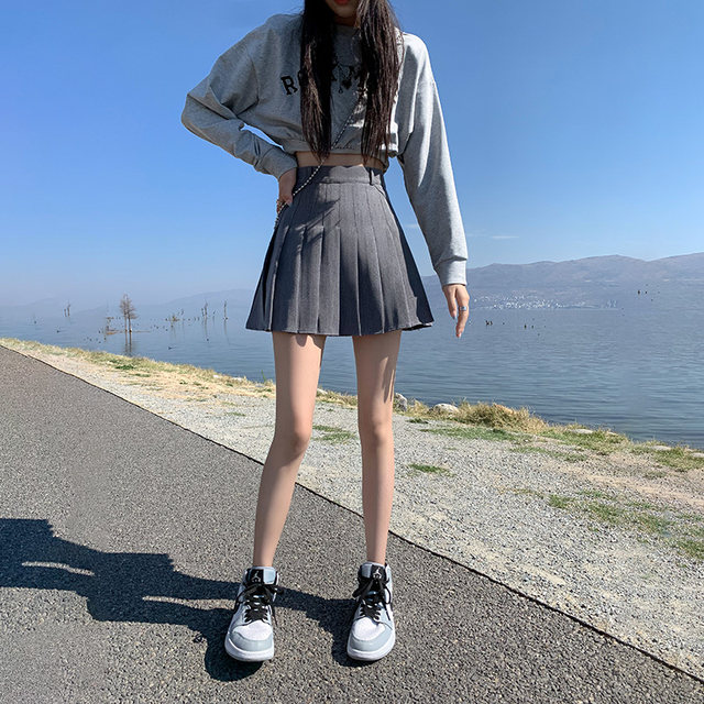 Pleated skirt for women in summer high waist A-line slim and sweet college style suit fabric high short skirt gray skirt pants