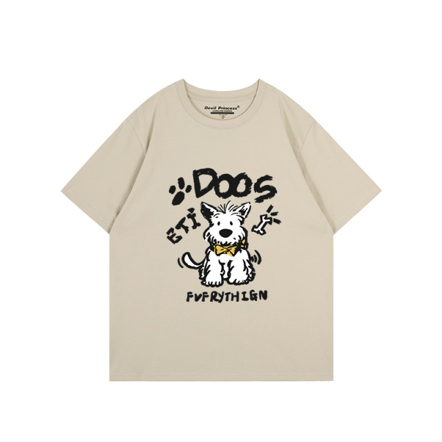Oversize loose large version of gray short-sleeved T-shirt for women design sense cartoon dog print super hot shoulder top