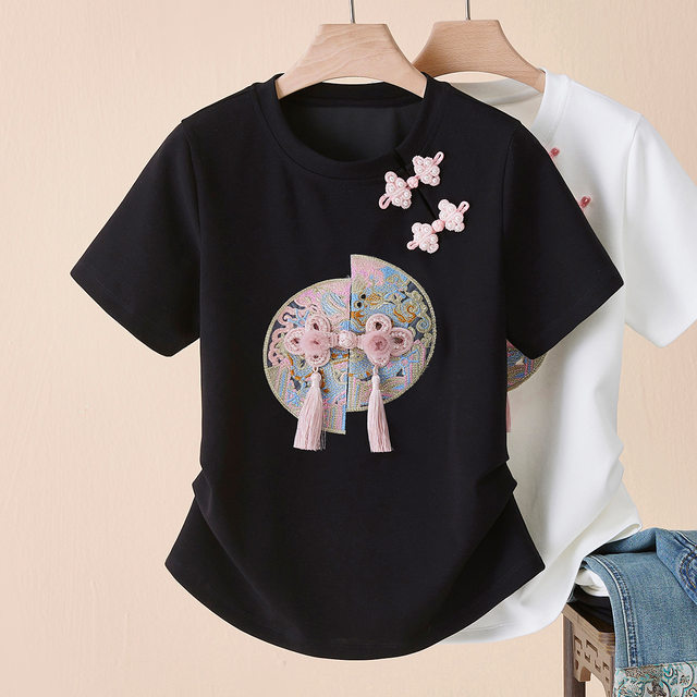 New Chinese style embroidered short-sleeved T-shirt for women 2025 summer round neck new women's large-size slim top