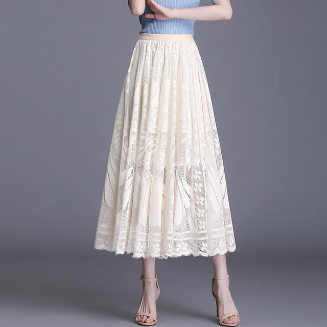 Lace skirt for women 2021 new popular versatile A-line midi skirt for large mesh hollow fairy pleated skirt