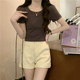 Round neck, right shoulder, pink t-shirt, women's short-sleeved summer American slim-fitting short high-waist hot girl pure desire t-shirt top