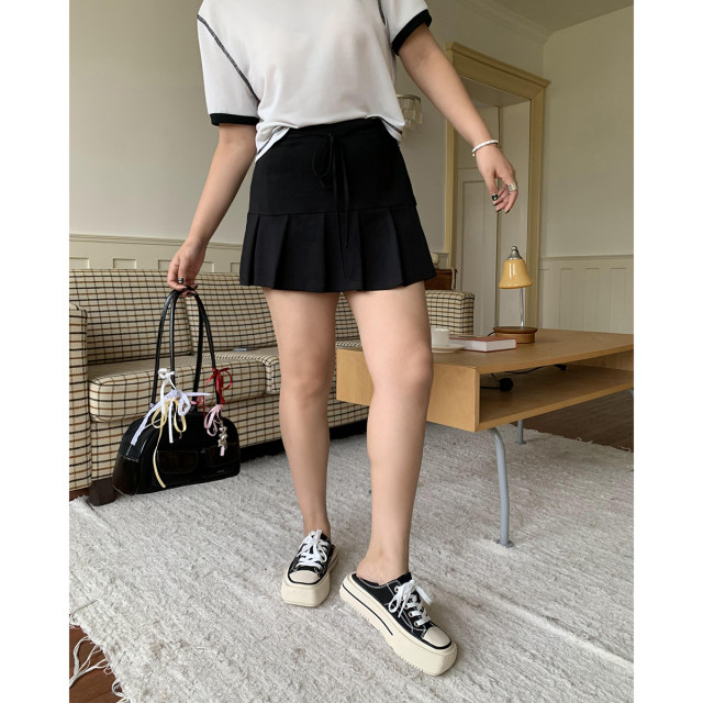 Jinggu white label DADATATA short lace-up pleated skirt for women's summer large-size skirt
