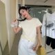 Cotton short -sleeved T -shirt female summer shoulder top design sense pure color small flying sleeve sleeved white bottoming shirt
