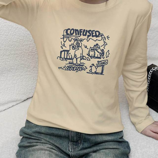 Round neck pure cotton t-shirt for girls purple cartoon pig slim fit oversize long-sleeved top for women