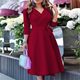Quick selling the commute OL wind suit collar blue printed strap waist seven -point sleeve mid -length dress Dress