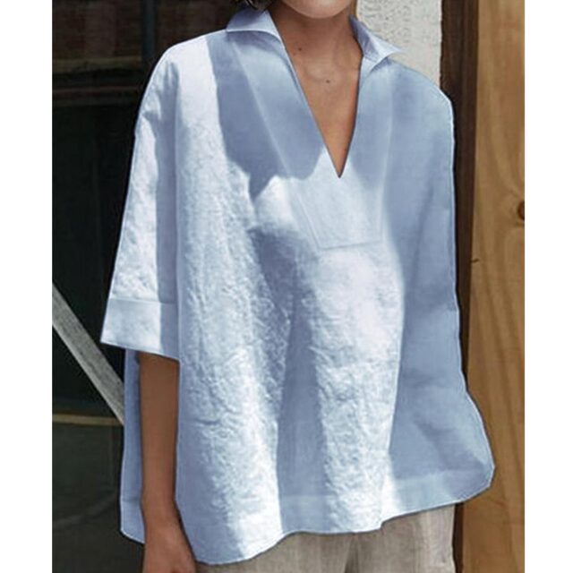 Large size women's clothing European and American style spring and summer new solid color V-neck loose simple literary casual short-sleeved shirt T-shirt top