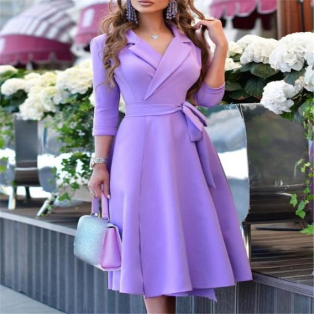 Quick selling the commute OL wind suit collar blue printed strap waist seven -point sleeve mid -length dress Dress