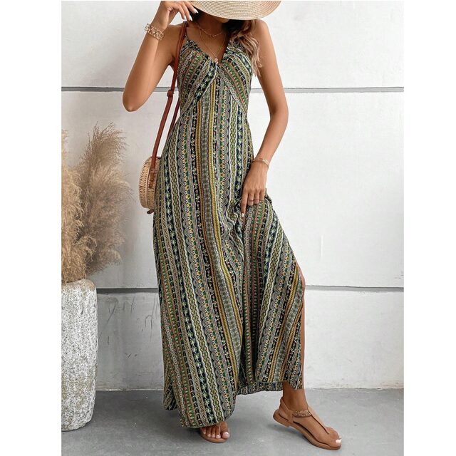 Beach skirt summer new fashion European and American style V-neck striped print backless Sexy slit suspender dress for women