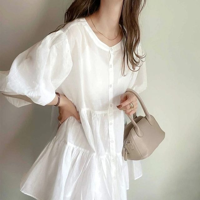 New women's street versatile slim splicing ruffled chiffon shirt cardigan 7-quarter sleeve thin jacket
