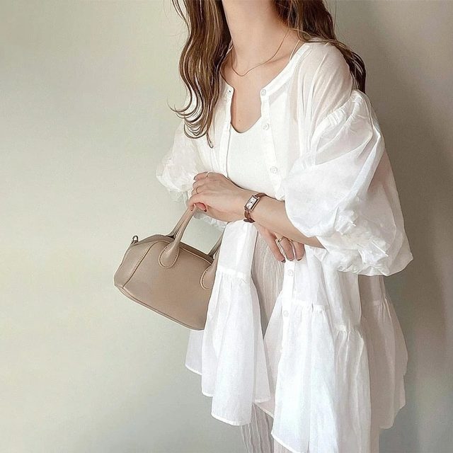 New women's street versatile slim splicing ruffled chiffon shirt cardigan 7-quarter sleeve thin jacket
