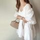 New women's street versatile slim splicing ruffled chiffon shirt cardigan 7-quarter sleeve thin jacket
