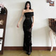 Weird girl abstinence-style deconstructed mesh splicing one-shoulder diagonal collar dress for women niche waist hot girl long skirt