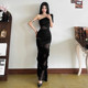Weird girl abstinence-style deconstructed mesh splicing one-shoulder diagonal collar dress for women niche waist hot girl long skirt
