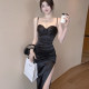 
Satin dress with long skirt, strapless skirt, French summer slit sexy slim suspender temperament dress for women