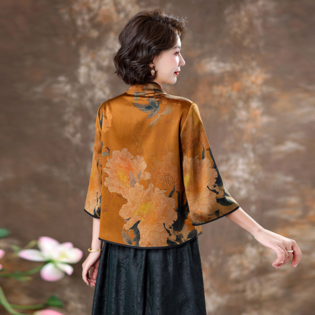 Lady Gui mulberry silk fragrance cloud yarn top new Chinese style women's retro satin jacquard stand collar silk jacket

