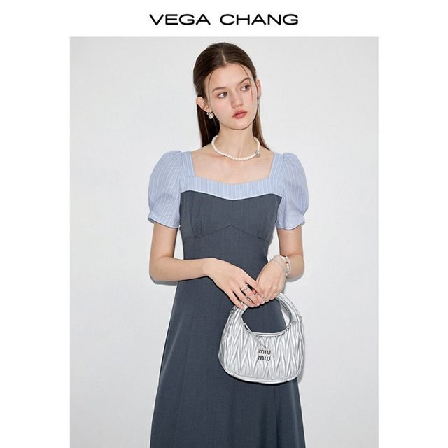 VEGA CHANG short-sleeved dress for women 2025 summer new fake two-piece square collar college style splicing long skirt
