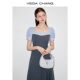 VEGA CHANG short-sleeved dress for women 2025 summer new fake two-piece square collar college style splicing long skirt
