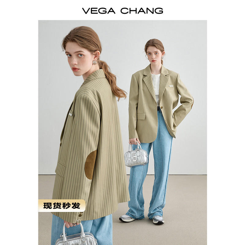 VEGA CHANG西裝外套女2023秋季新款寬鬆顯瘦通勤簡約休閒條紋上衣