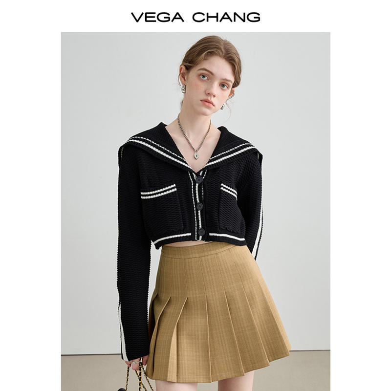 VEGA CHANG長袖針織衫女2023秋新款設計感小眾海軍領短版開襟外套外套