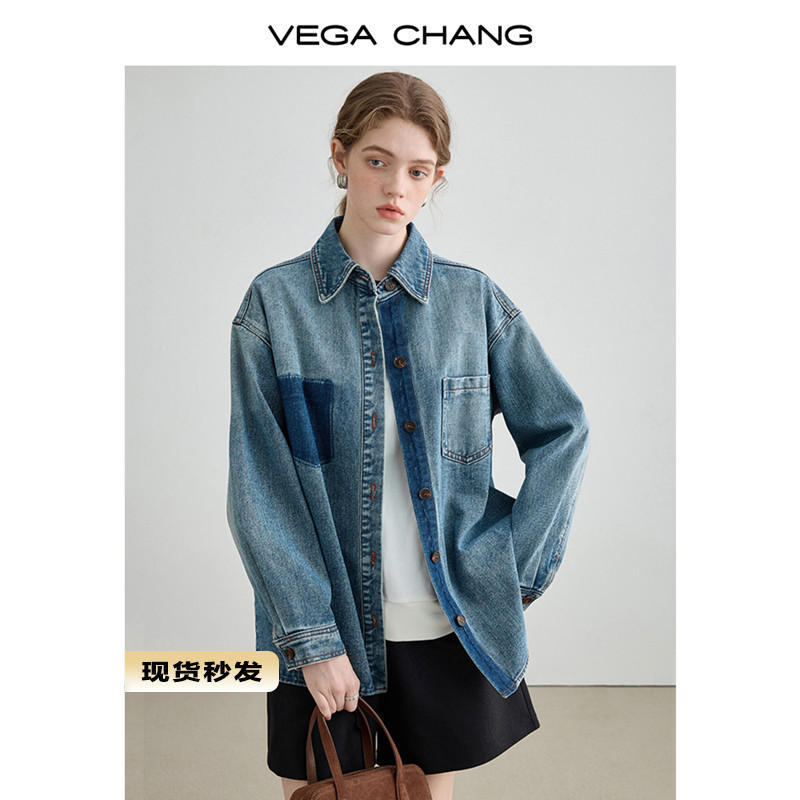 VEGA CHANG牛仔襯衫女2023秋季新款設計感復古水洗長袖牛仔襯衫